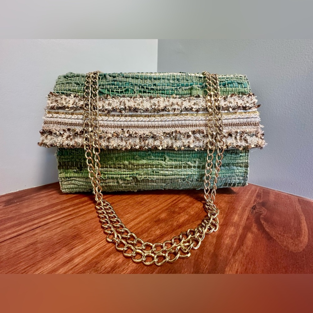 Green Leather Purse with Gold Accessories